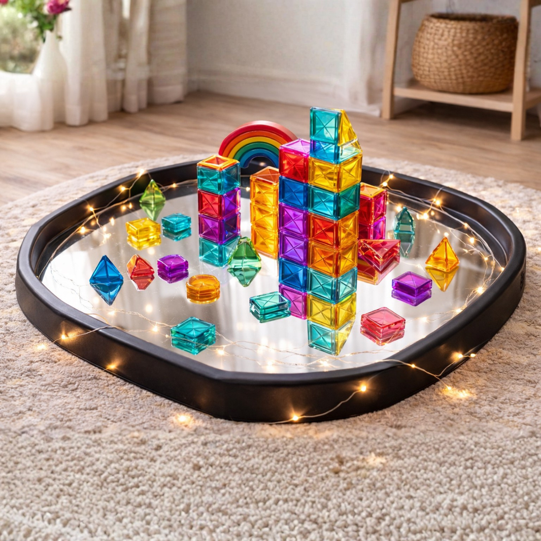 Mirror Tuff Tray Insert on a beige carpet in a living room. The mat has a mirrored surface with embedded warm white fairy lights around the edge and inside, and it holds a colourful set of translucent building blocks and a rainbow toy.
