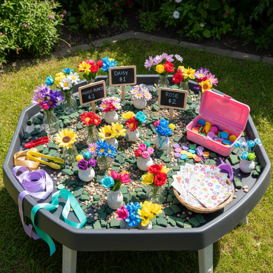 A colourful Tuff Tray setup arranged on a black Tuff Tray outdoors on a grassy lawn. The table is covered with small artificial flowers in vases, price signs, a pink open egg box filled with coloured eggs, ribbons, and a basket of printed cards.