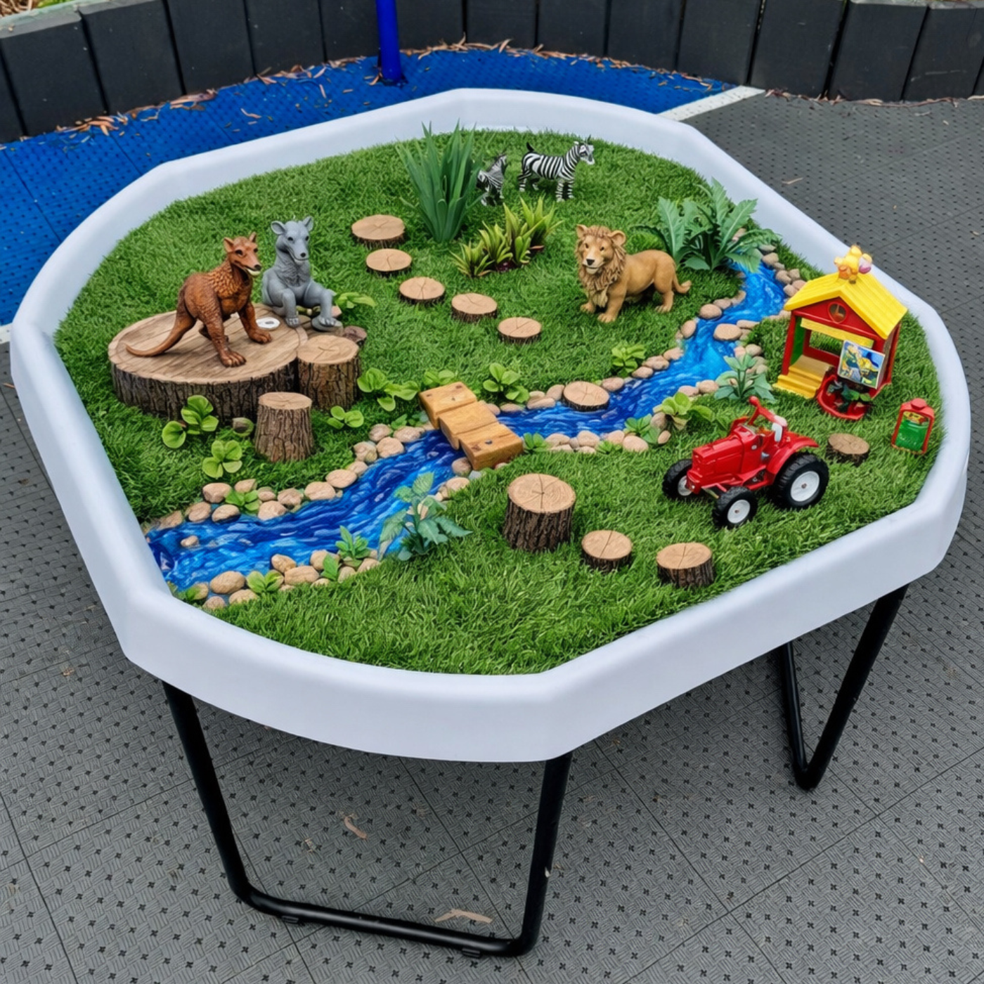 The Tuff Tray Bundle, featuring artificial grass, a blue faux-stream channel, tree stumps, toy animals, a small red tractor, and a colourful playhouse on a paved outdoor floor.