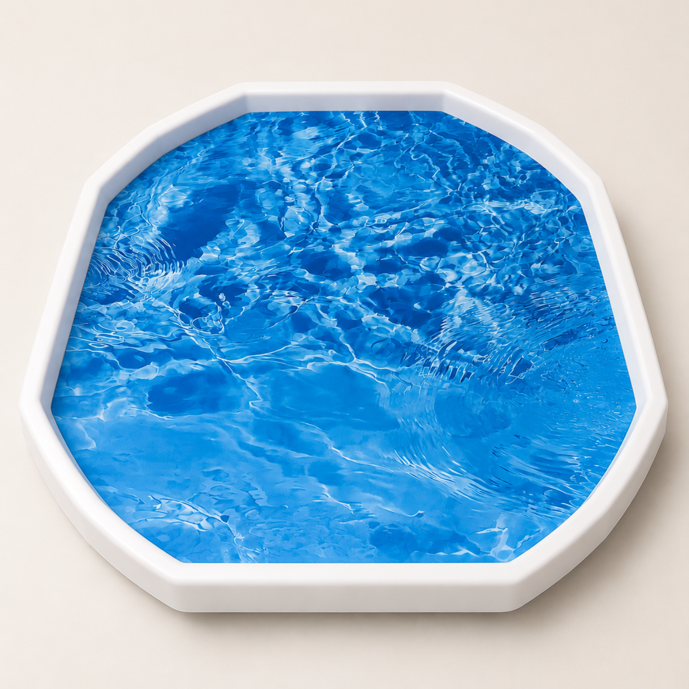 Tuff Tray Water Insert featuring a printed realistic blue swimming pool water design, shown from a top-down view on a light beige background.