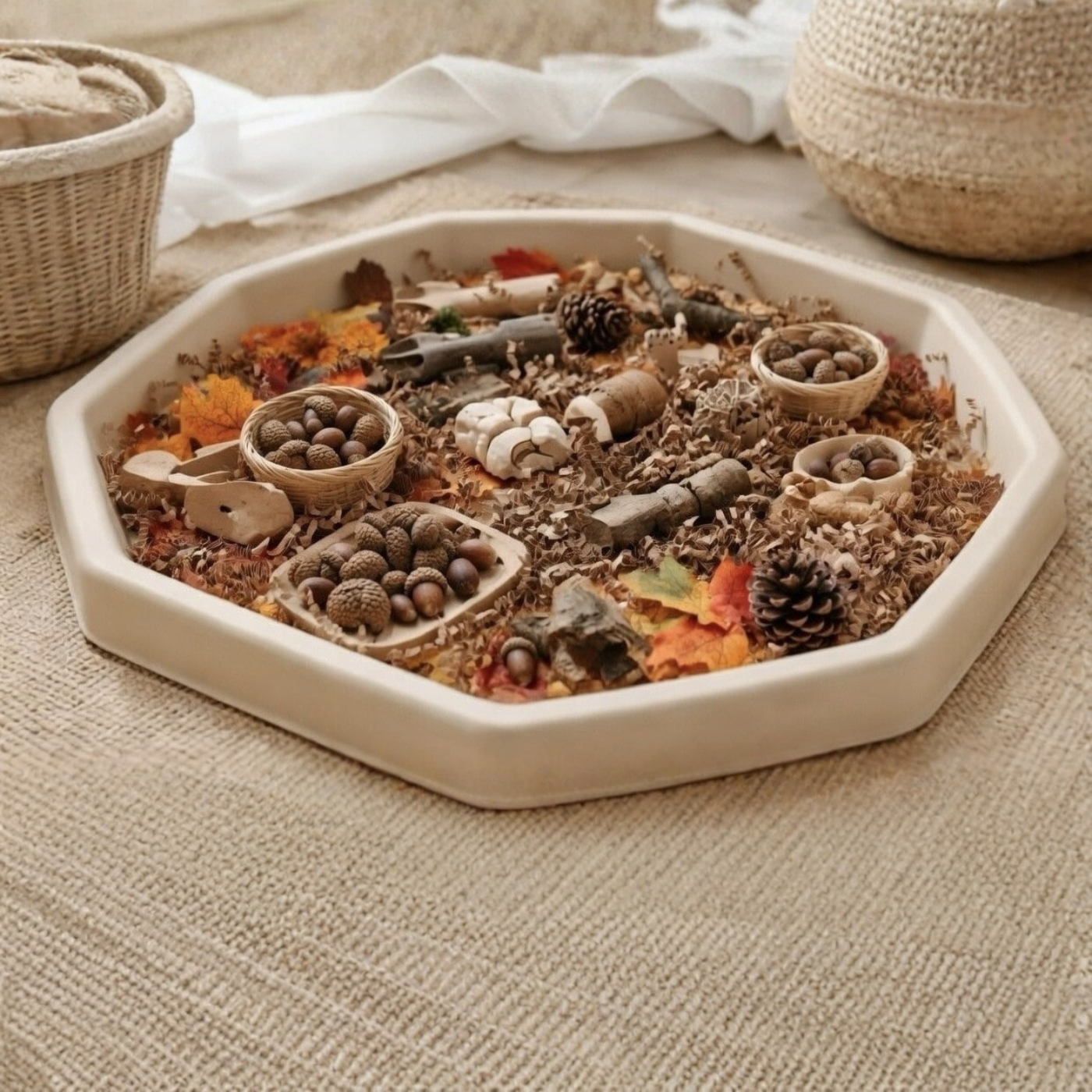 Tuff Tray by Busy Little Fingers, filled with dried botanicals, pinecones, small wooden beads, and natural elements.