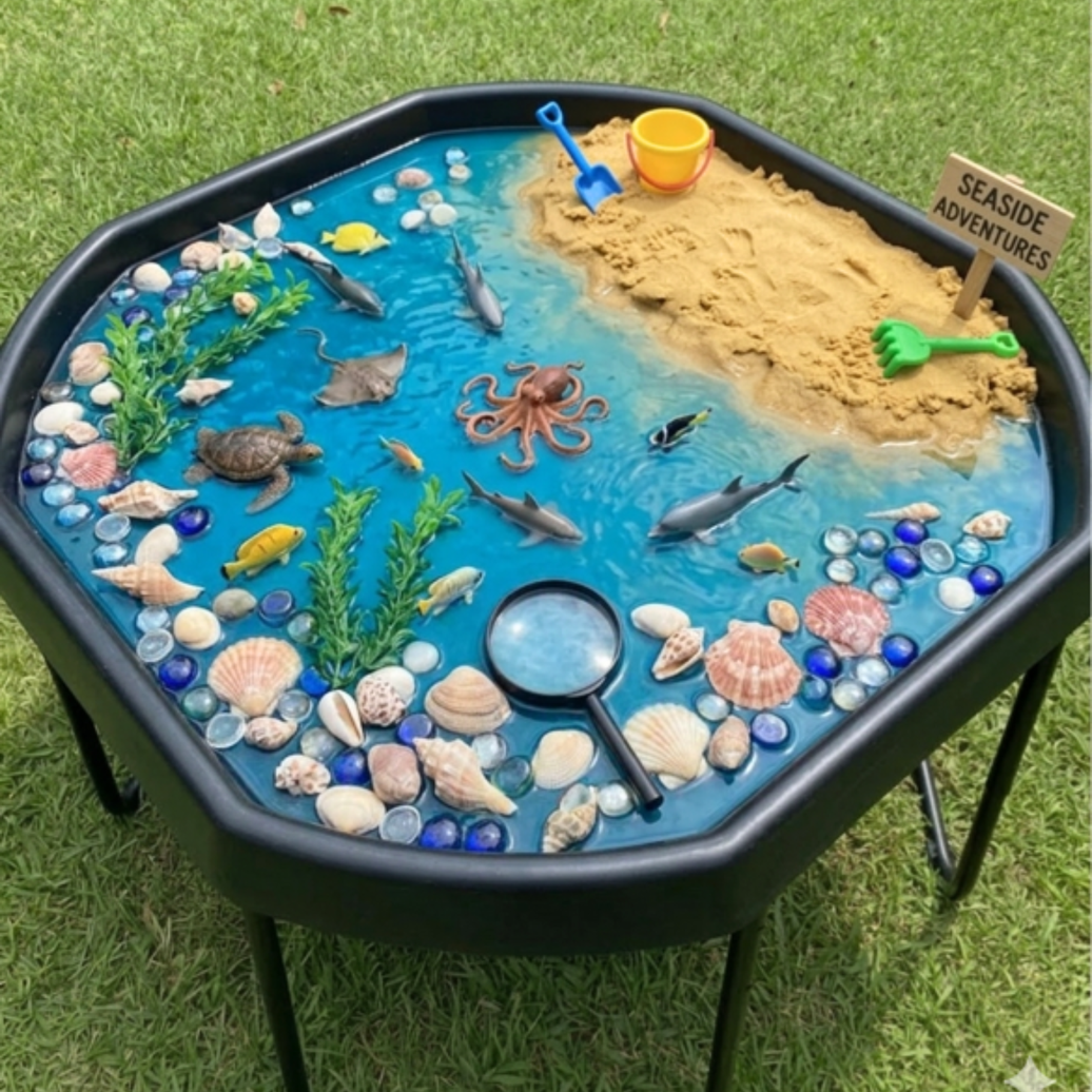 Tuff tray and stand set up as a seaside sensory play invitation