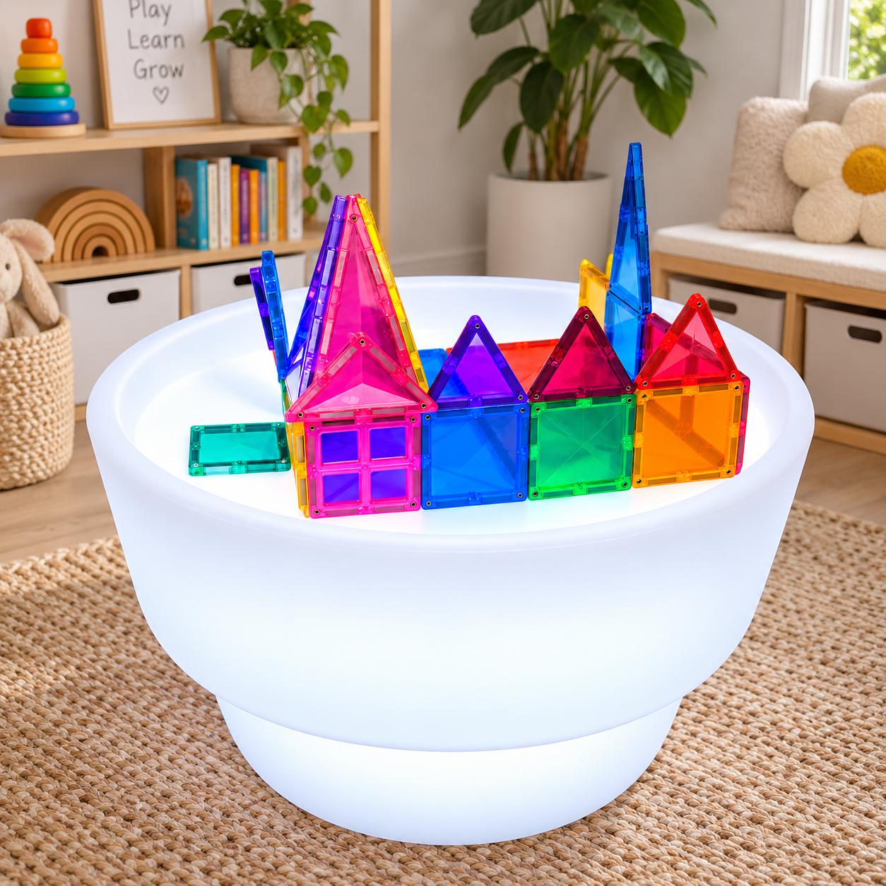 Sensory Light and Water Table on the soft white setting, a calm light for winding down