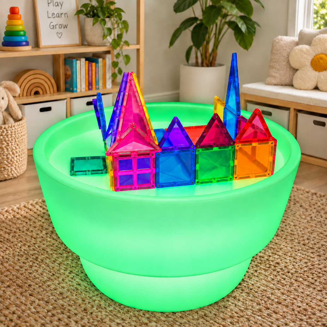 Sensory Light and Water Table glowing bright green with translucent magnetic tiles lit from beneath
