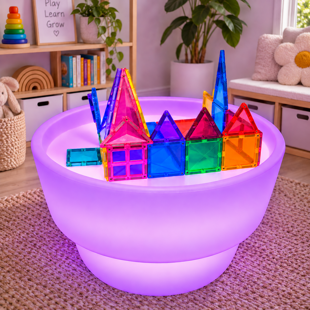 Sensory Light and Water Table glowing purple, showing one of its sixteen colour settings