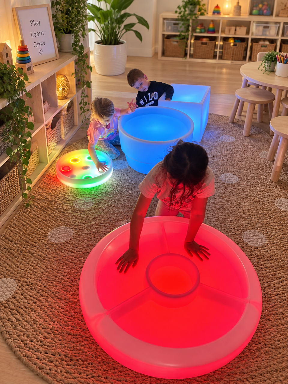 An early learning room with the Large Sensory Light and Water Table glowing red, the round light and water table in blue and the tabletop light tray in green